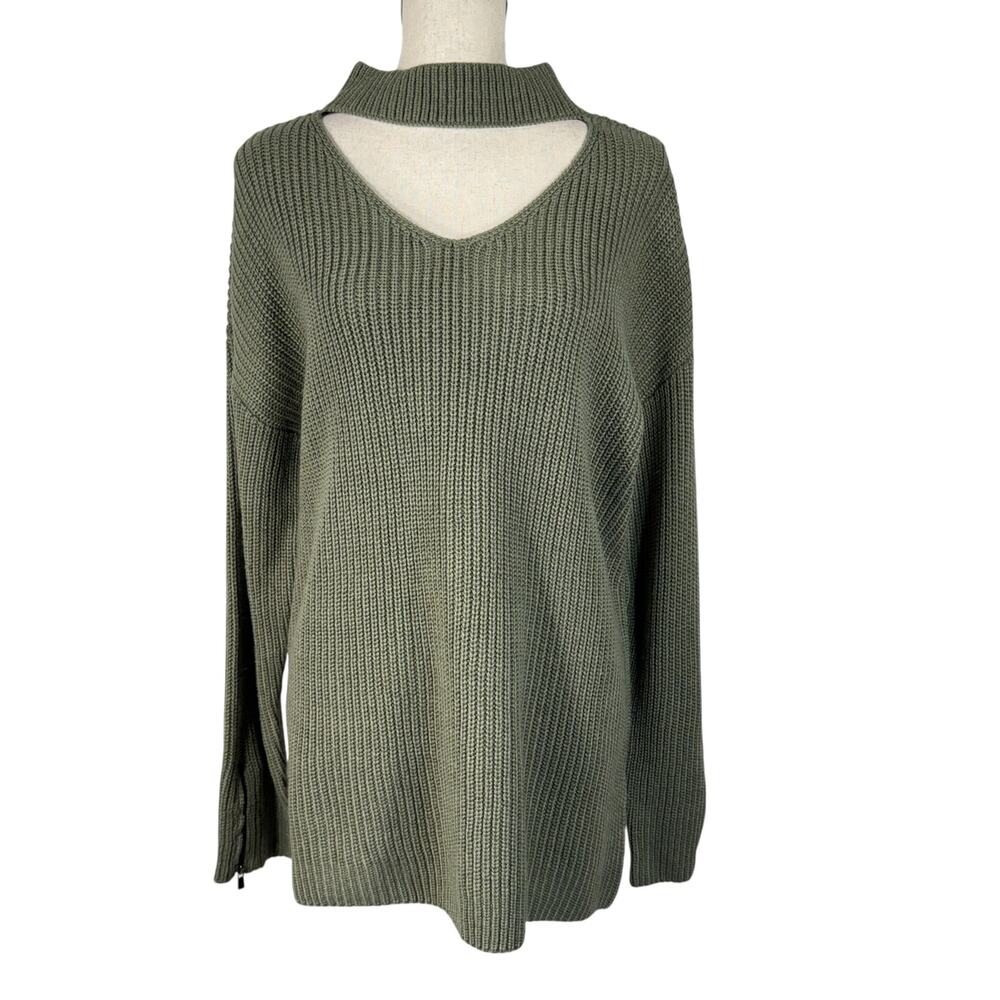 Bar III X-Large Sweater Mock V-Neck Cutout Side Slits Long Sleeve Zip Cuff Olive